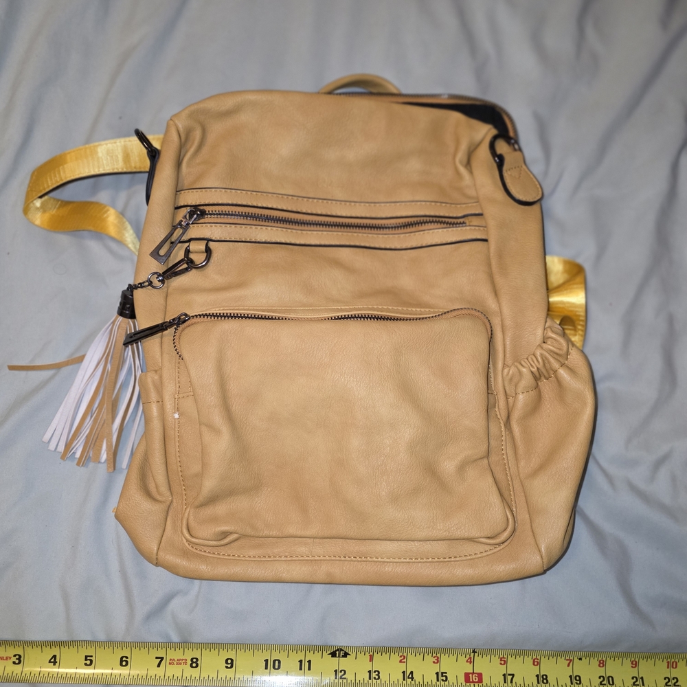 Tan Backpack with Yellow Straps